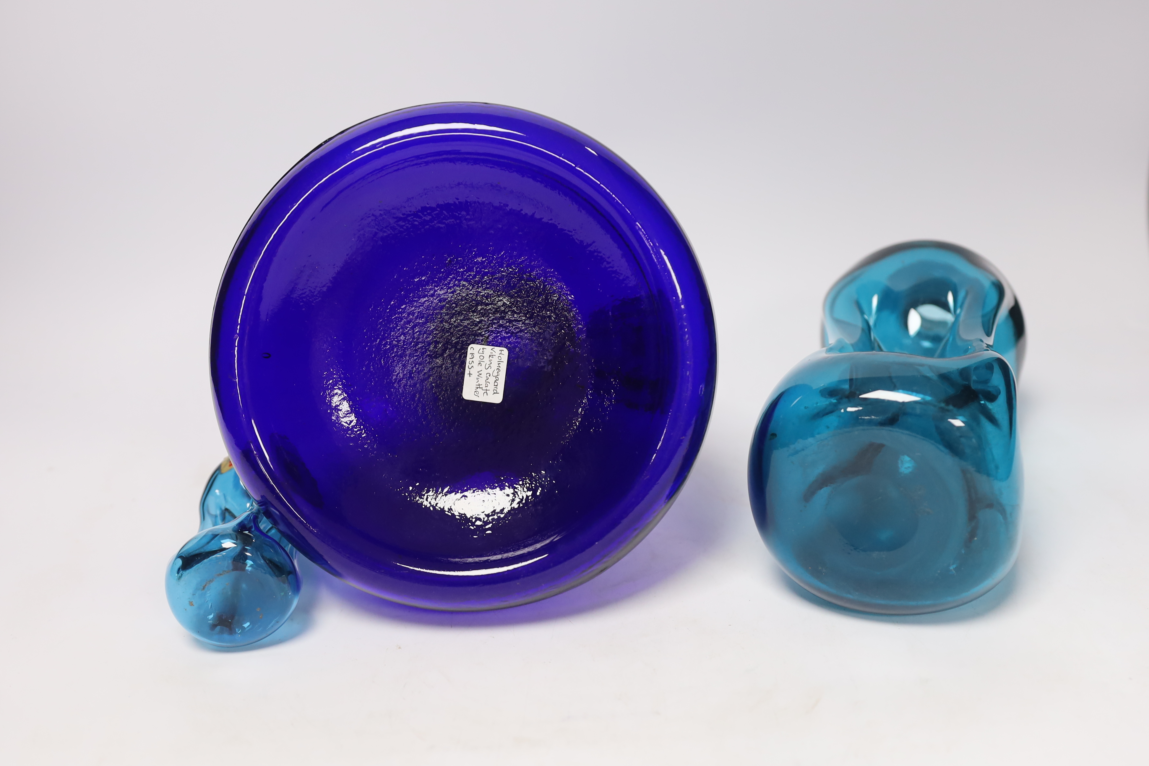 Three Holmegaard blue glass decanters, tallest 26cm high